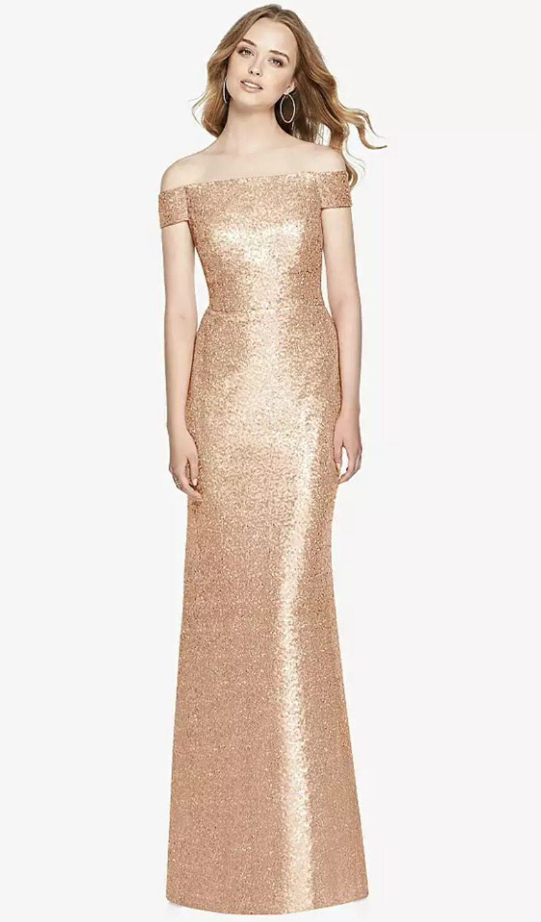 Dessy Collection Women's 14 Mermaid Maxi Sequin Rose Gold Dress $285 MSRP J2-1